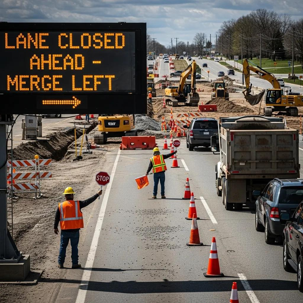 Roadworks with temporary traffic controls and electronic variable message signs