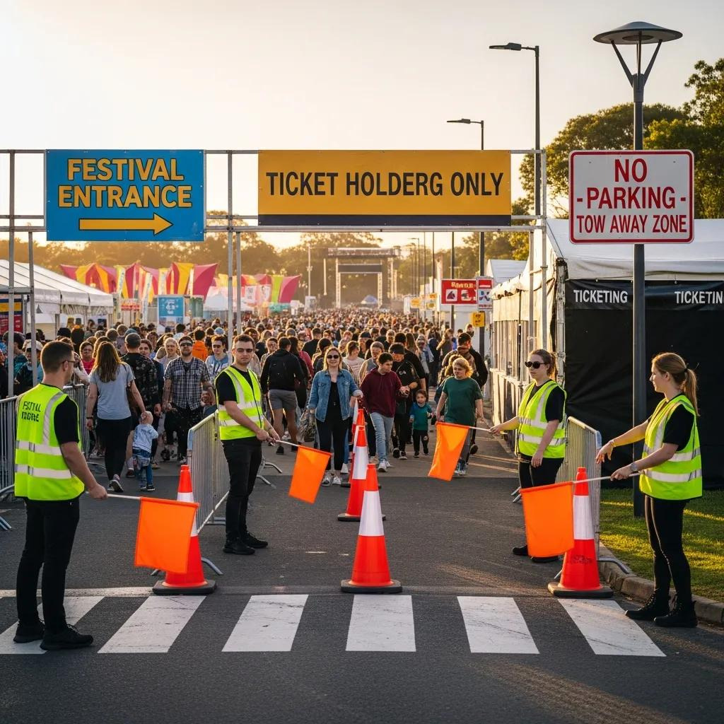 Managed event entrance with traffic control personnel and signage