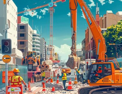 Construction site in Adelaide with workers and traffic management signs ensuring safety compliance
