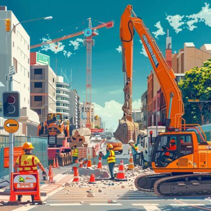 Illustrated Adelaide city road construction site with orange excavator, tower crane, traffic cones and hi-vis workers following infrastructure safety regulations