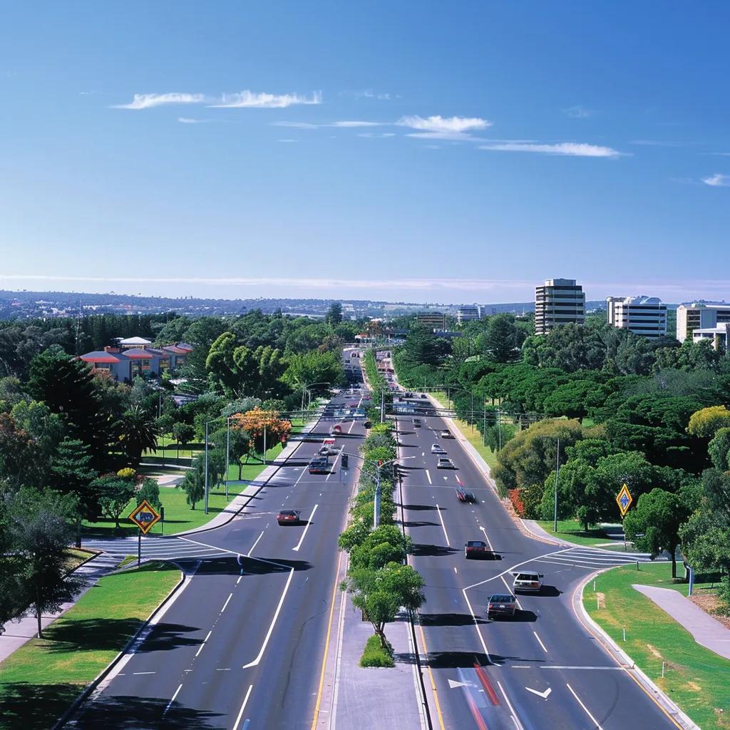 Urban landscape in Adelaide showing integrated traffic management and public safety features