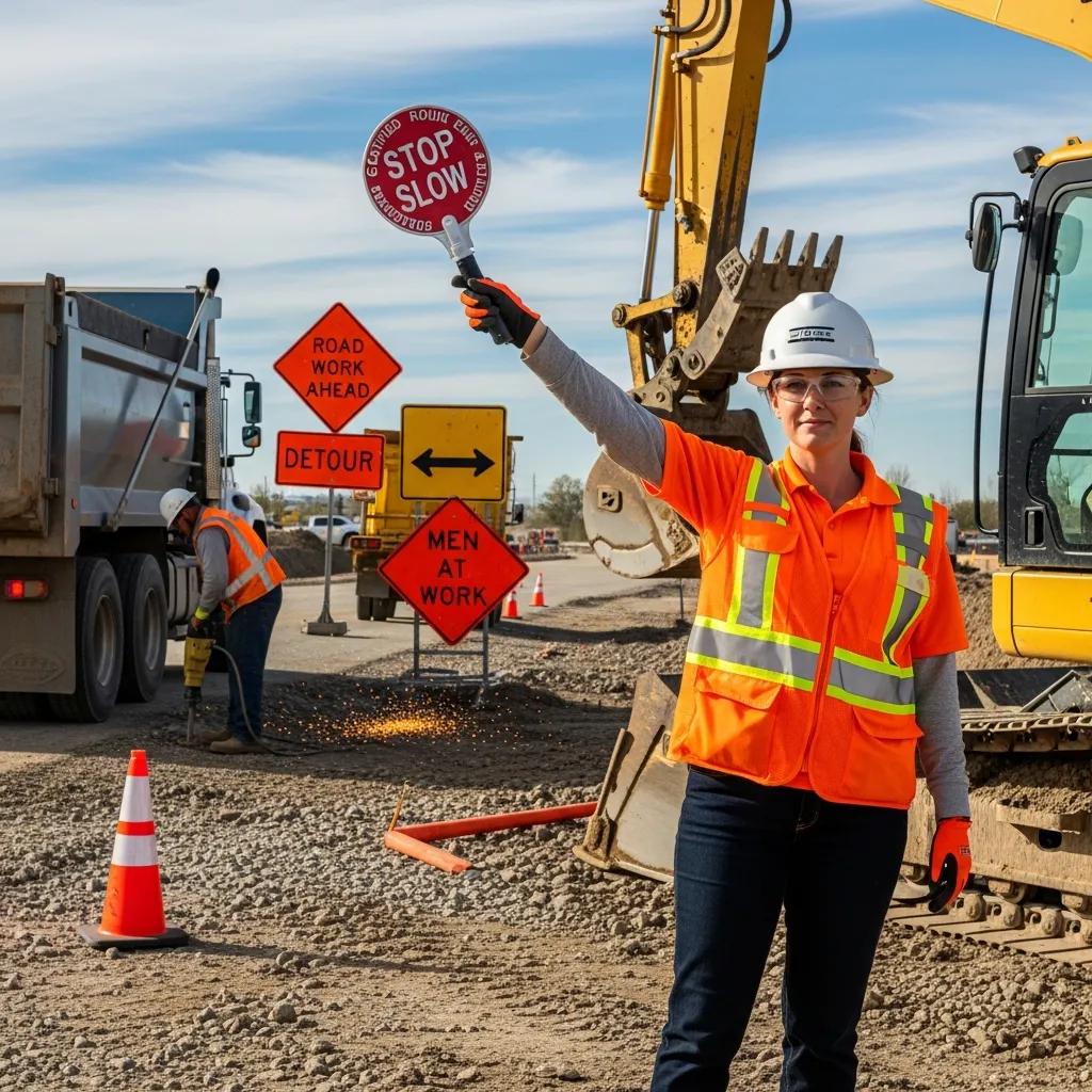 Traffic controller in high‑visibility clothing directing vehicles at a work site