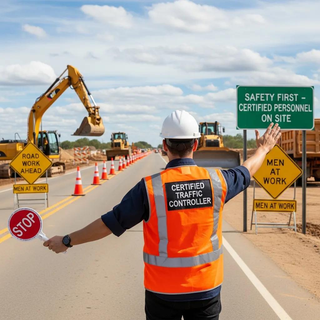 Certified traffic controller directing vehicles at a construction site, illustrating the value of official certification