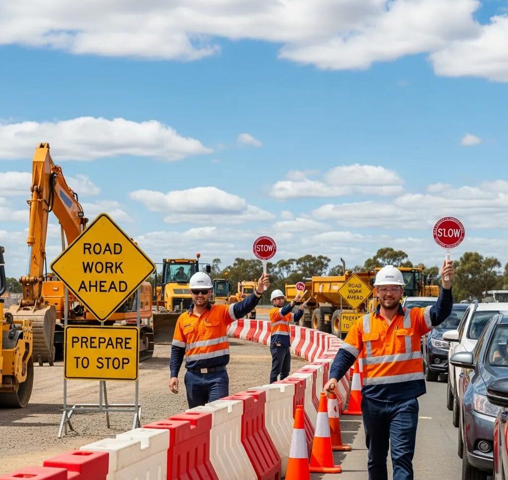 Civil construction site in Australia with traffic management in action