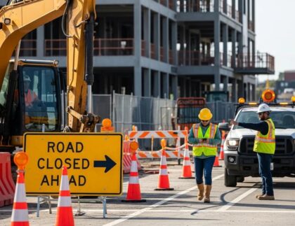 Construction site with traffic management signage and workers ensuring safety