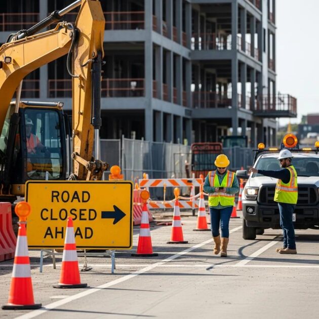 Construction site with traffic management signage and workers ensuring safety