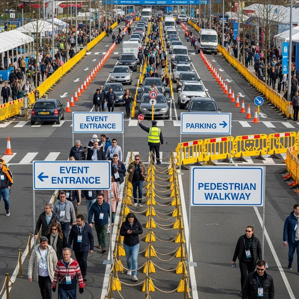 Organised event entry and exit with clear signage and traffic flow