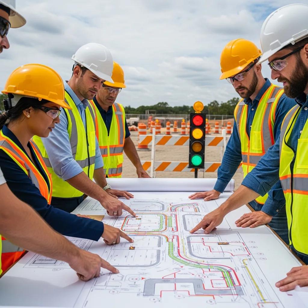Professionals reviewing a traffic management plan on site