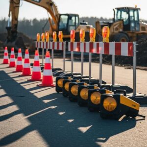 Traffic control equipment such as cones, barriers and portable lights staged at a construction site