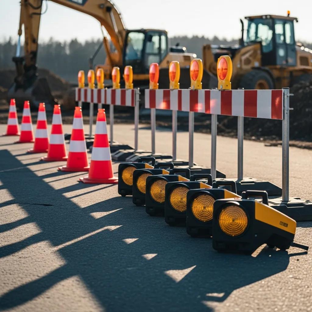 Traffic control equipment such as cones, barriers and portable lights staged at a construction site