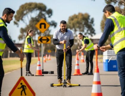 Traffic control training session in Adelaide with participants engaged in hands-on exercises