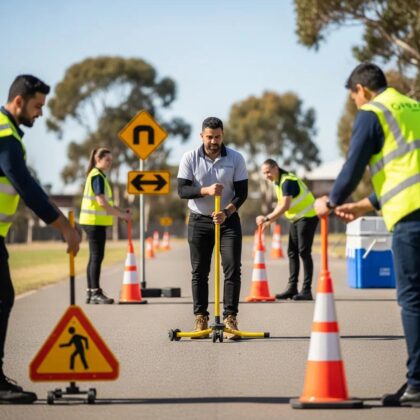One Stop Traffic Solutions trainees practising traffic cone and sign placement during hands-on traffic control course training in Adelaide
