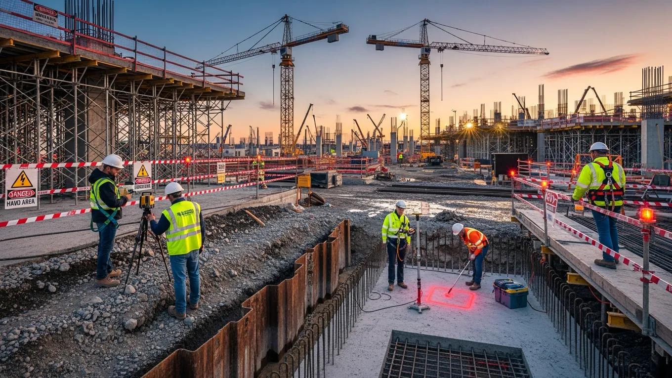 Complex worksite with safety team managing multiple challenges