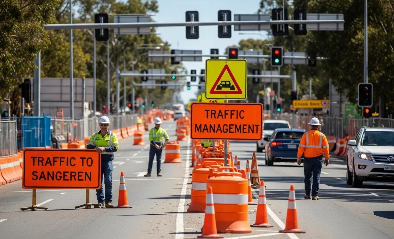 Construction site in Adelaide with traffic management signage and safety measures