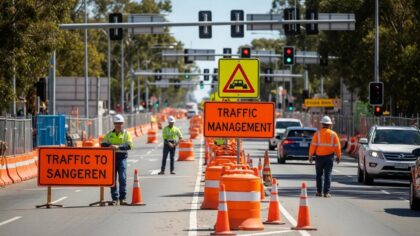 Construction site in Adelaide with traffic management signage and safety measures.