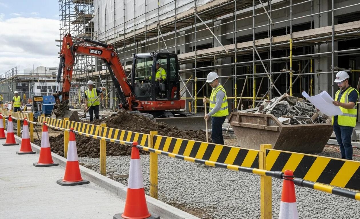 Construction site safety management with workers and safety equipment