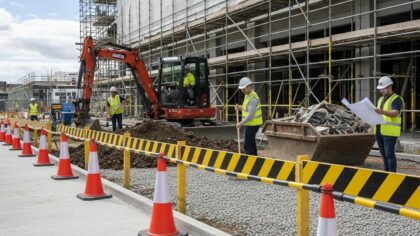 Construction site safety management with workers and safety equipment