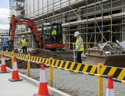 Construction site safety management with workers and safety equipment