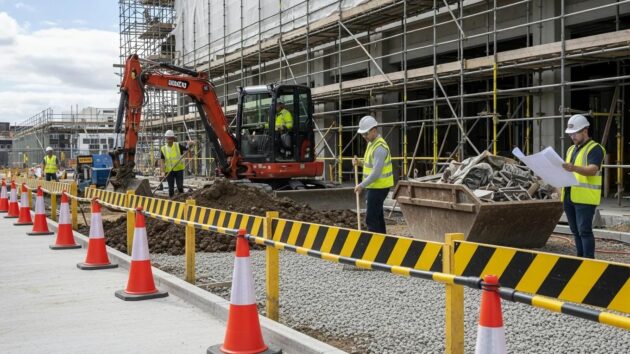 Construction site safety management with workers and safety equipment