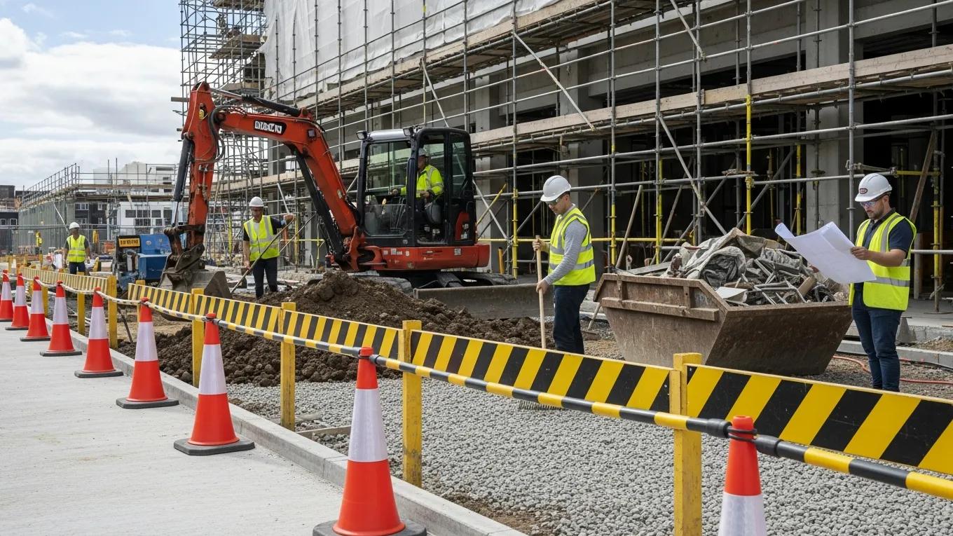 Construction site safety management with workers and safety equipment