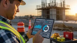 Site supervisor reviewing cost drivers on a tablet at a construction site