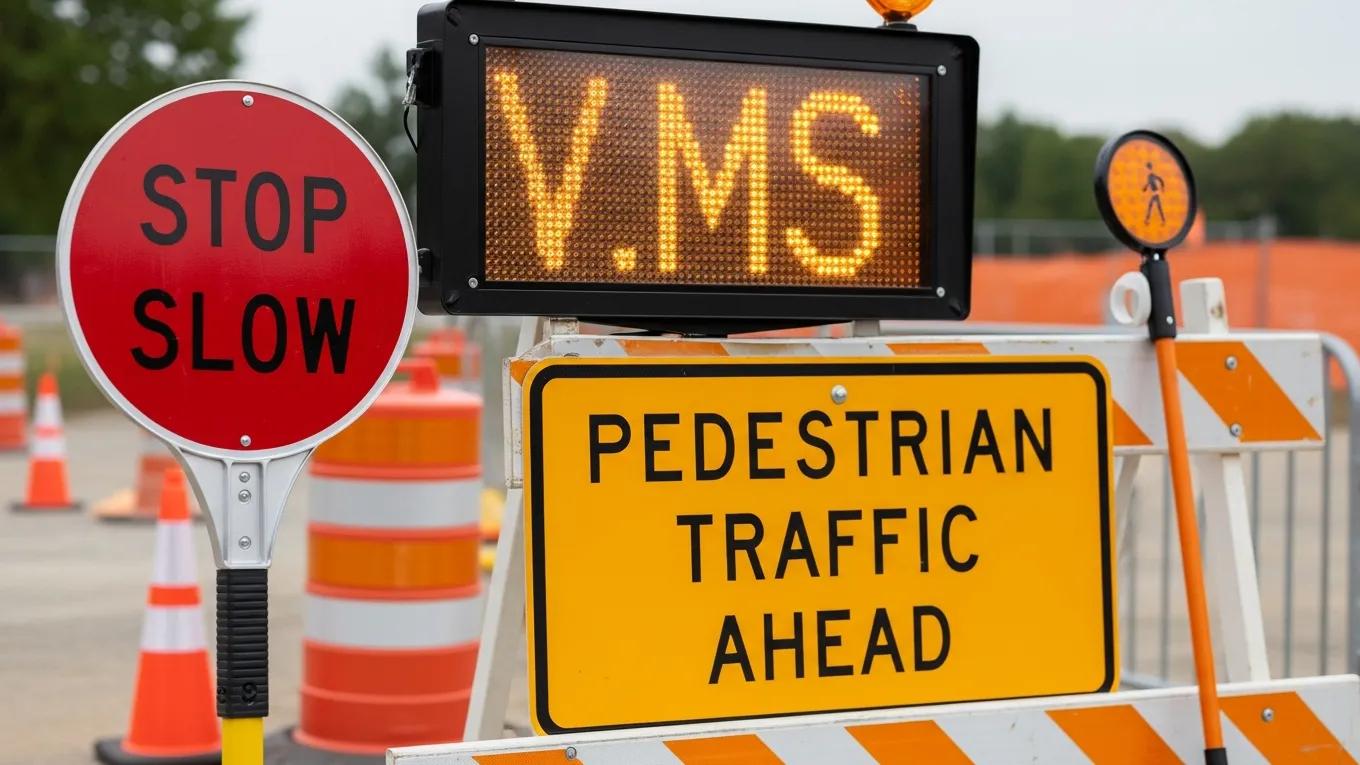 Stop/Slow signs, barriers and other traffic control equipment used to manage pedestrian movement