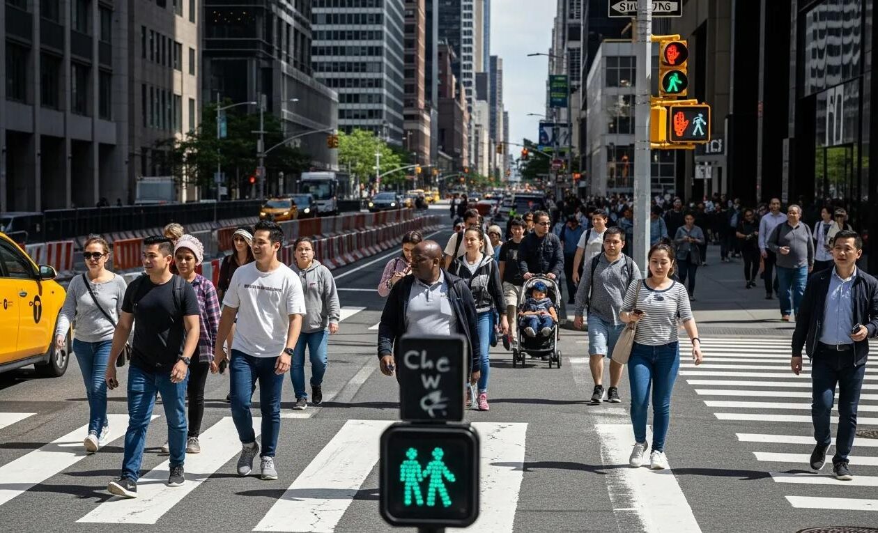 Urban crosswalk with pedestrians, traffic signals, and safety barriers emphasizing pedestrian safety