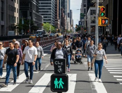 Urban crosswalk with pedestrians, traffic signals, and safety barriers emphasizing pedestrian safety