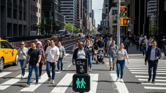 Urban crosswalk with pedestrians, traffic signals, and safety barriers emphasizing pedestrian safety