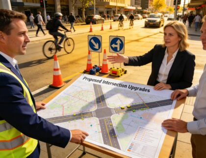 Traffic management consultant discussing safety plans with council officials in an urban environment