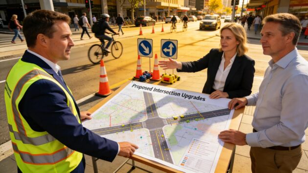 Traffic management consultant discussing safety plans with council officials in an urban environment