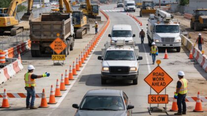 Construction site with traffic management measures for enhanced safety