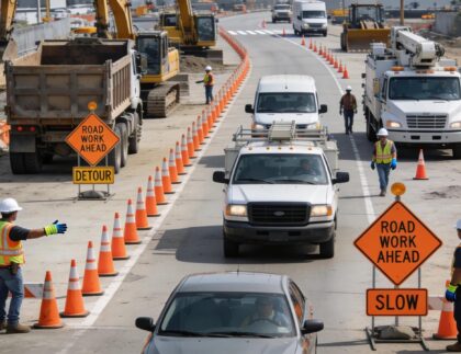 Construction site with traffic management measures for enhanced safety