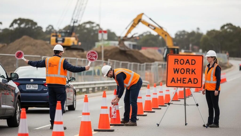Traffic management team ensuring site safety with clear signage and barriers