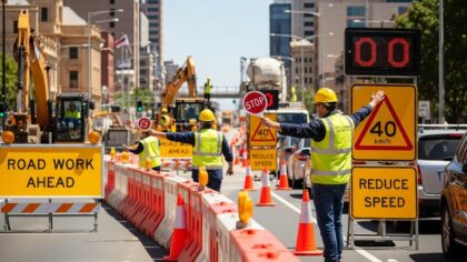 Traffic controller directing traffic in Adelaide work zone with construction equipment and safety signage.