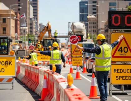 Work zone safety scene in Adelaide with construction workers and traffic control.